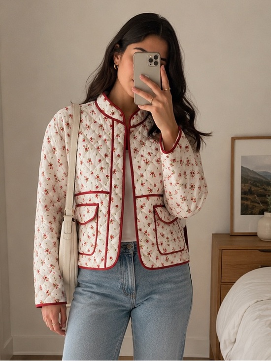 7 For All Mankind Jackets & Blazers - 7 For All Mankind Floral Quilted Cropped Jacket Cottagecore White Red M